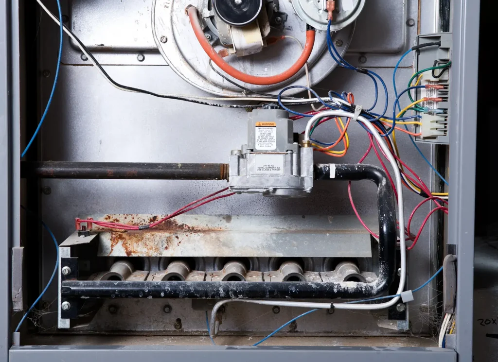 Close-up of the inside of a furnace showing its components including pipes, wires, a control box, and a burner assembly. Some parts show signs of rust and wear. The wires are color-coded and connected to various parts of the furnace.